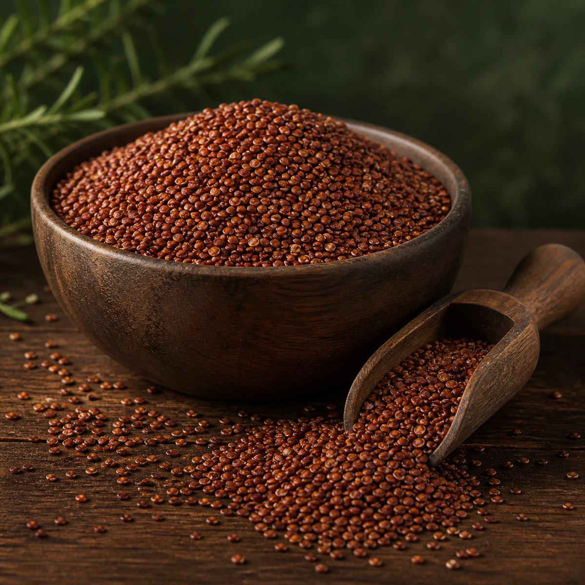 Organic red quinoa grain serving suggestion