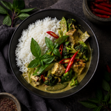 Organic jasmine rice curry serving