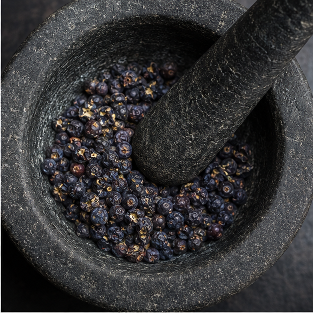 Juniper berries in mortar and pestle