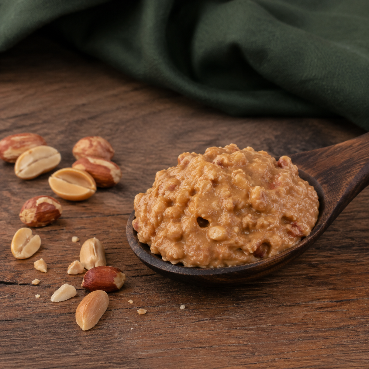 Spoonful of organic crunchy peanut butter with roasted peanuts