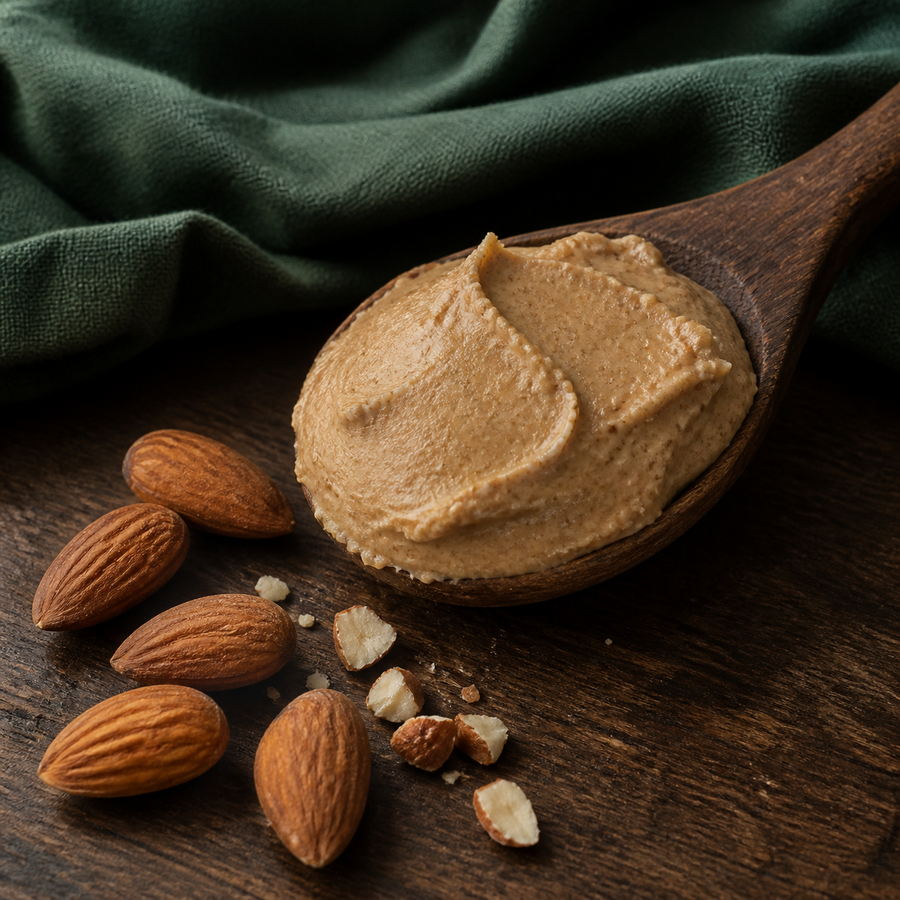 Spoonful of organic smooth almond butter with whole almonds