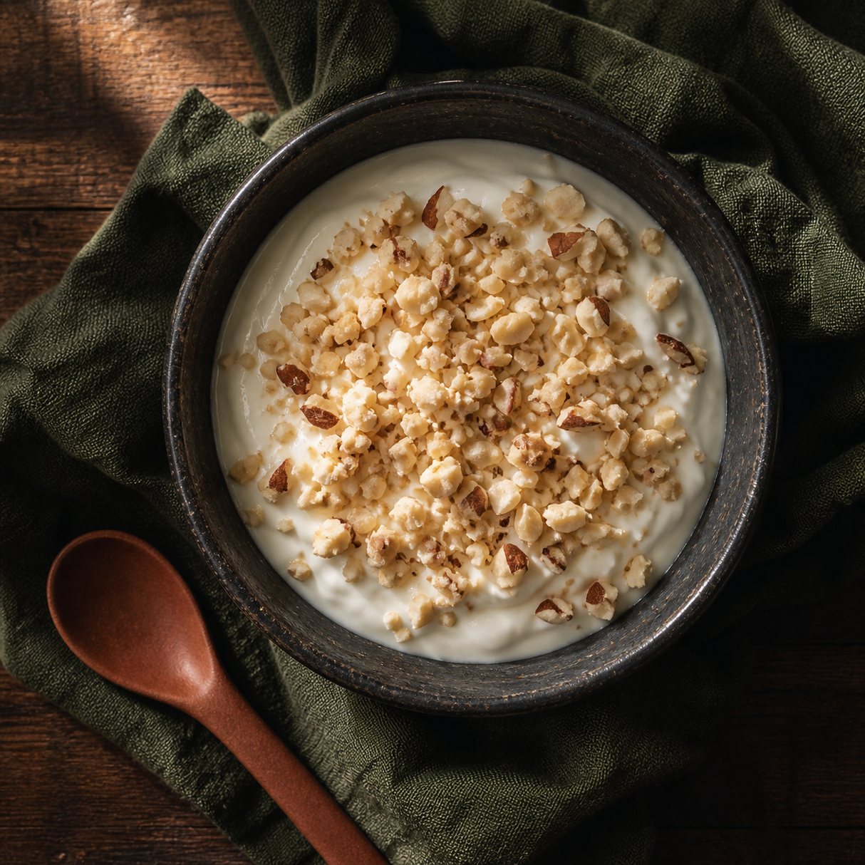 Yogurt topped with mixed chopped nuts