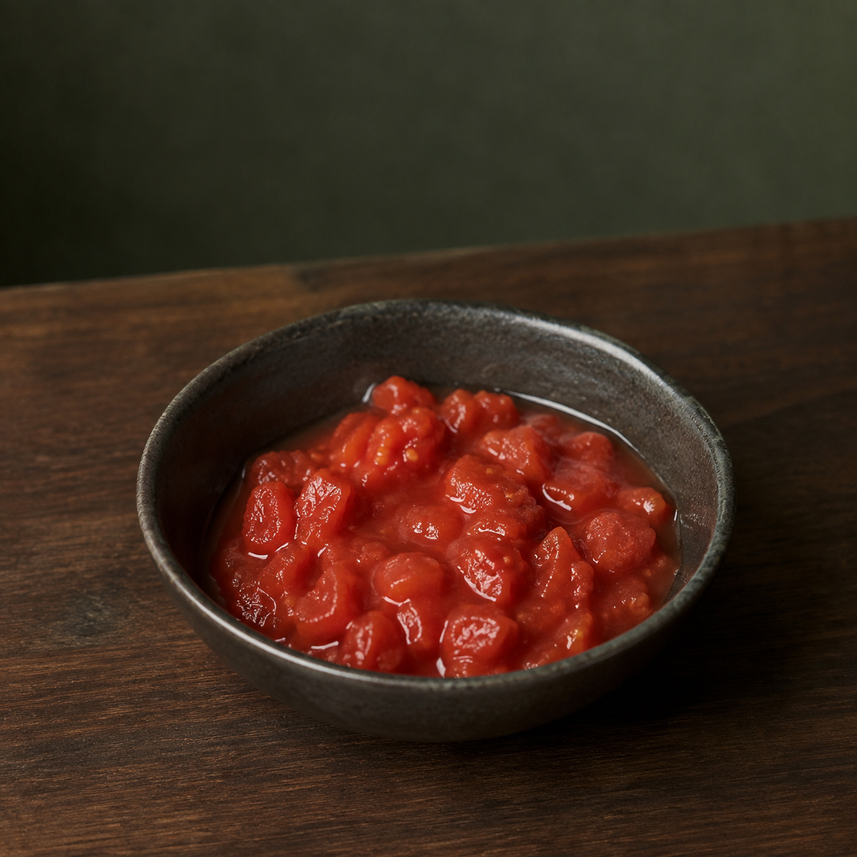 Chopped tomatoes in a small dark bowl