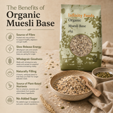 Infinity Foods Organic Muesli Base packaging with benefits listed on a beige background