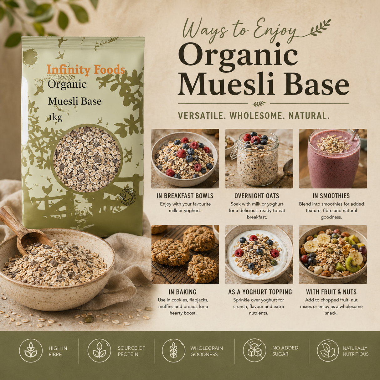 Promotional image for Infinity Foods Organic Muesli Base with usage instructions and benefits.
