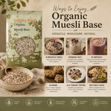 Promotional image for Infinity Foods Organic Muesli Base with usage instructions and benefits.