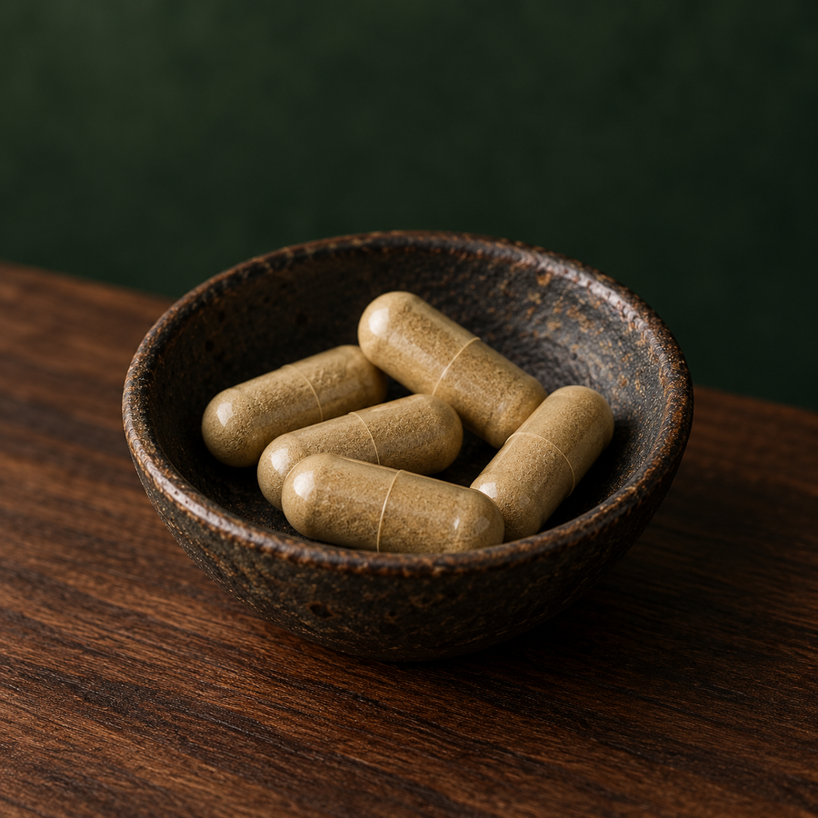 NUVITOX Lion's Mane capsules in ceramic bowl