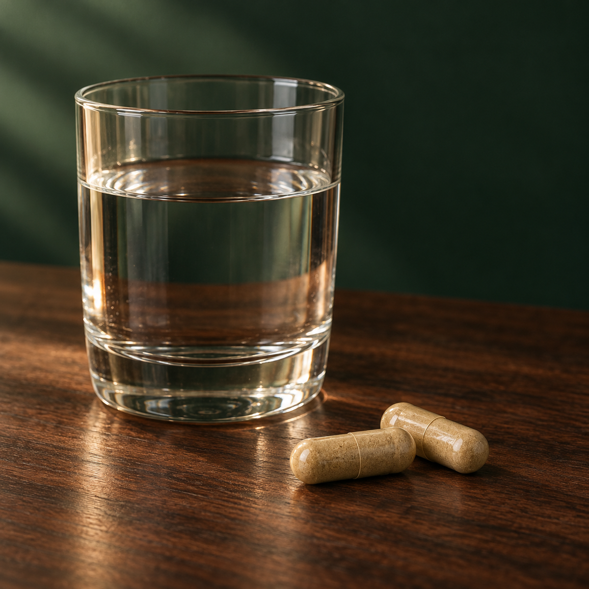 Two NUVITOX Lion's Mane capsules beside water
