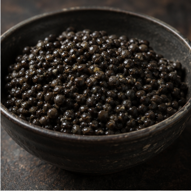 Cooked organic black beluga lentils serving
