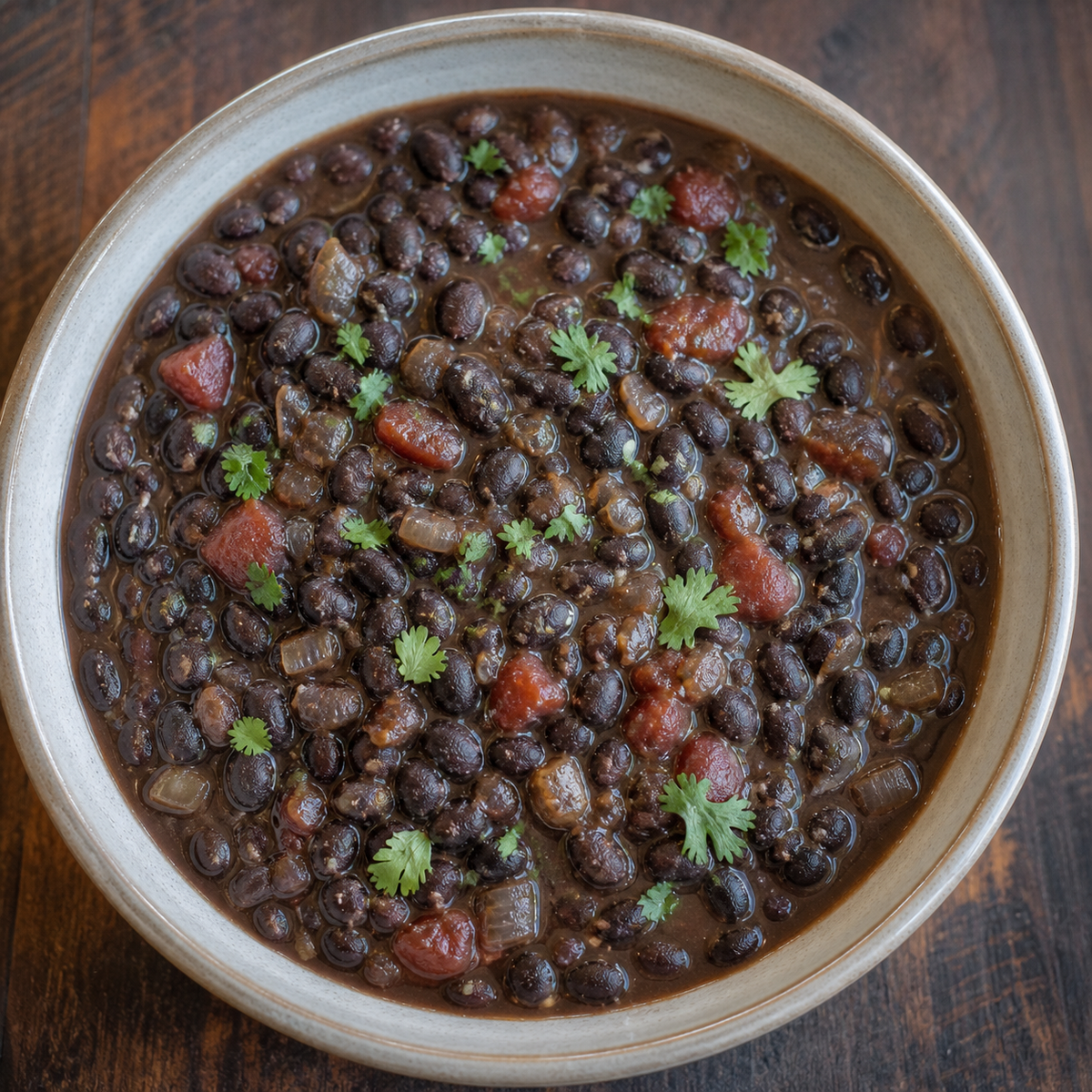 Organic black turtle beans served in a rustic stew