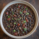 Organic black turtle beans served in a rustic stew