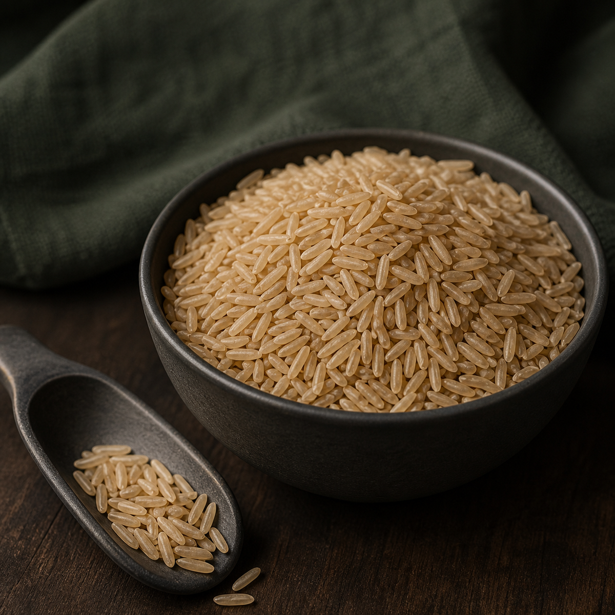 Dry organic brown basmati rice in a dark ceramic bowl and spoon