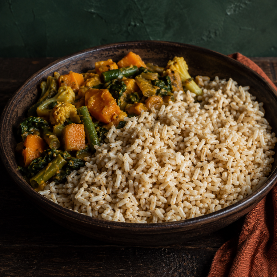 Organic brown rice with vegetable curry