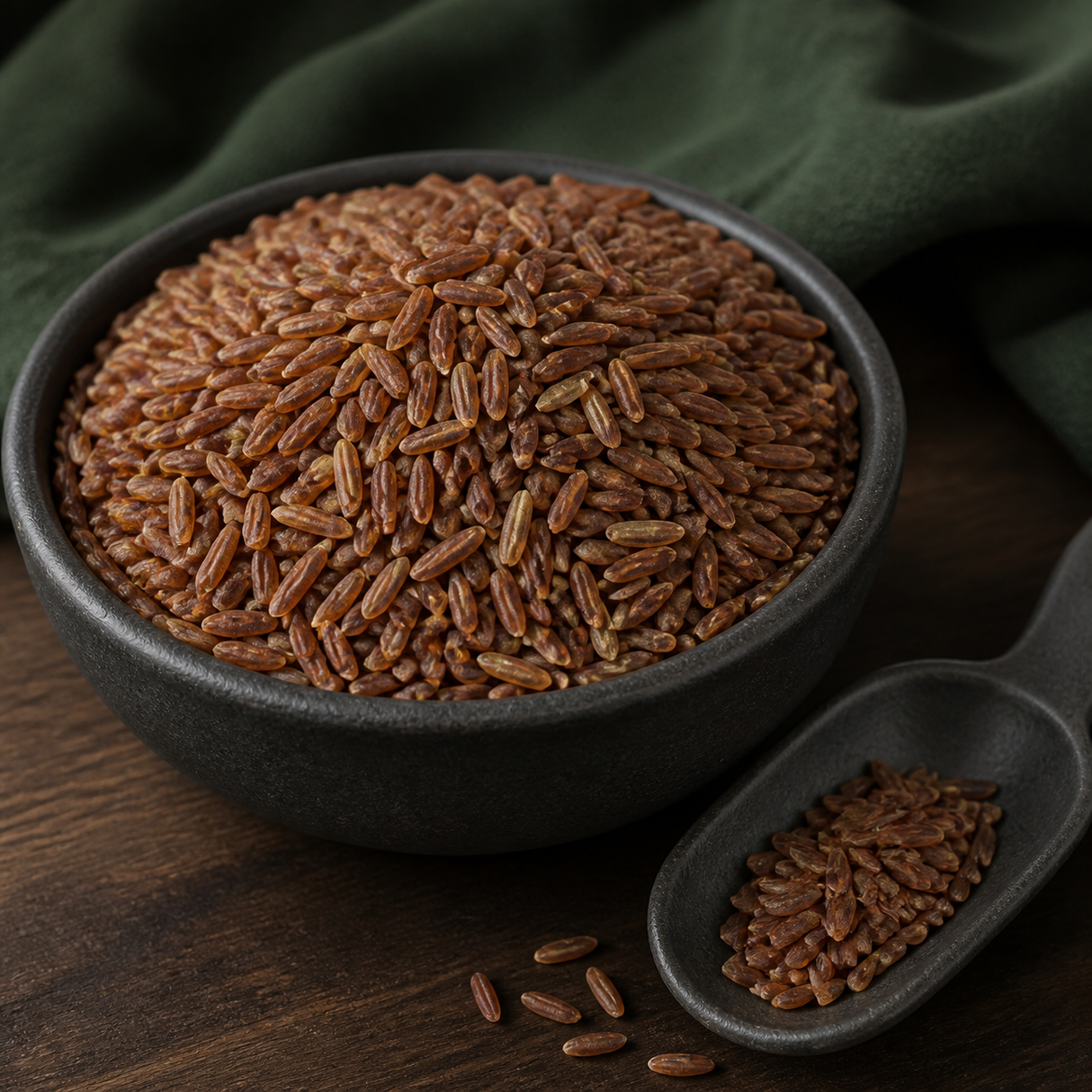 Dry organic Camargue red rice in a dark ceramic bowl and spoon