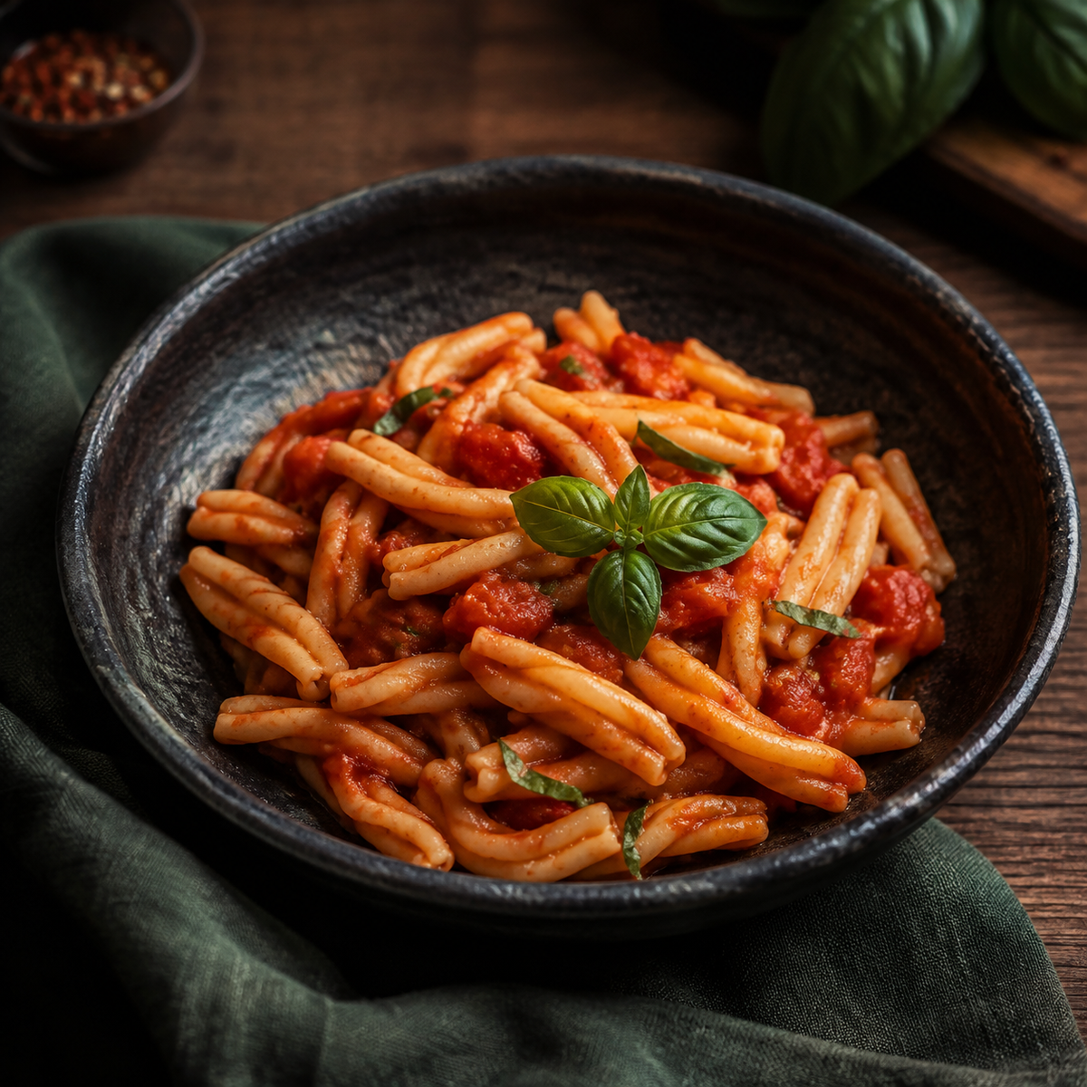 Organic caserecce pasta twists served with tomato sauce
