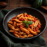 Organic caserecce pasta twists served with tomato sauce