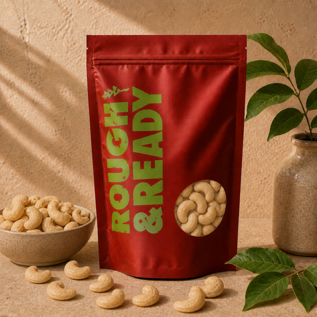 Rough and Ready Organic Cashew Nuts pouch with a bowl of cashews