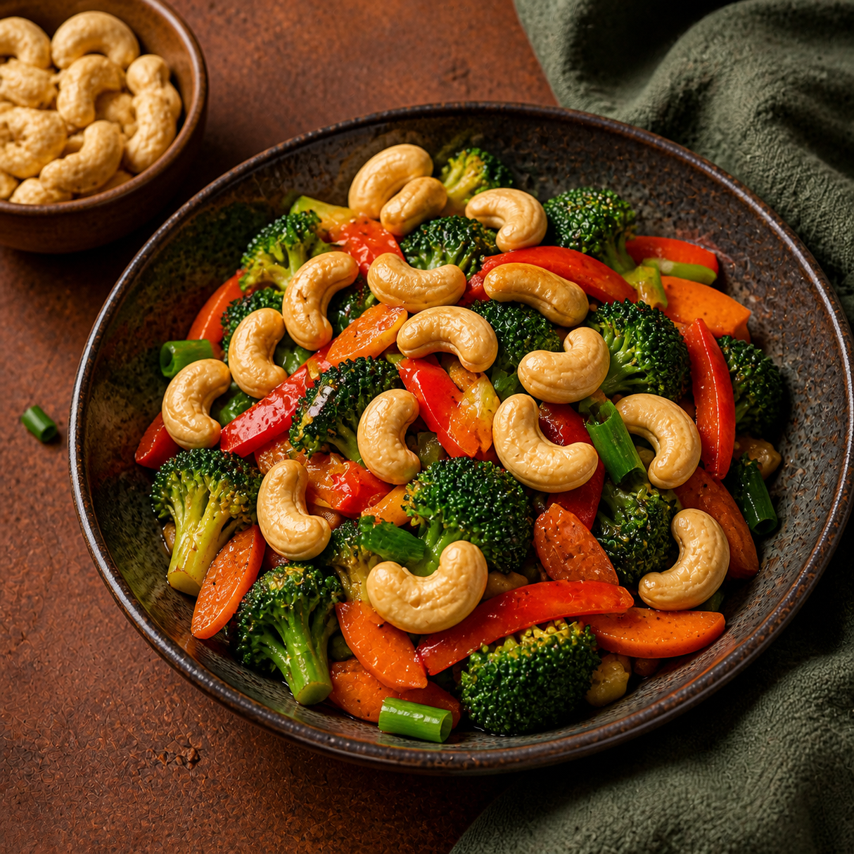 Organic cashew nuts topping a colourful vegetable stir-fry