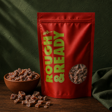 Organic chopped dates in Rough & Ready resealable pouch