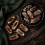 Organic Deglet Nour dates split to show pitted interiors