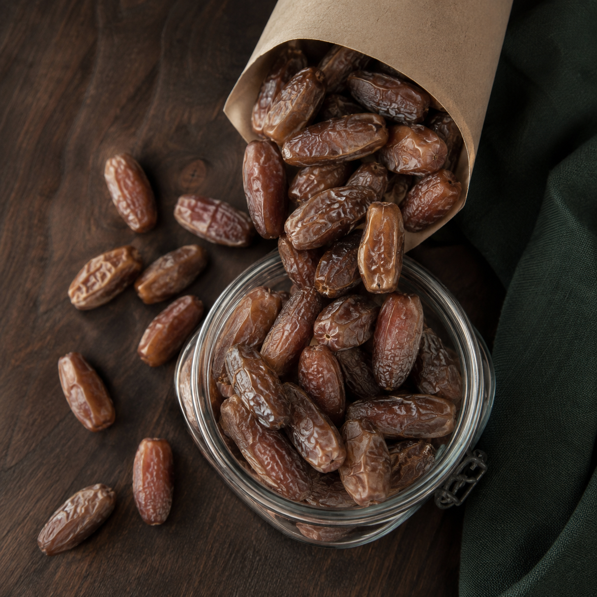 Organic Deglet Nour pitted dates pouring into a pantry jar