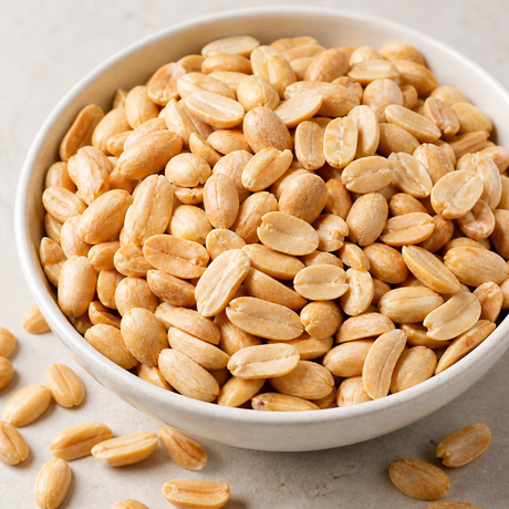 Close-up of Organic Dry Roasted Peanuts in a ceramic bowl