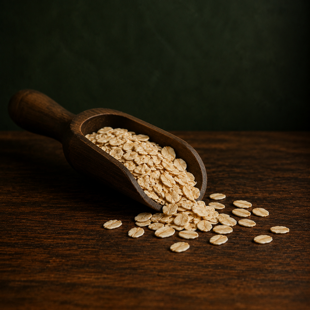 Organic gluten free jumbo oats in a walnut scoop