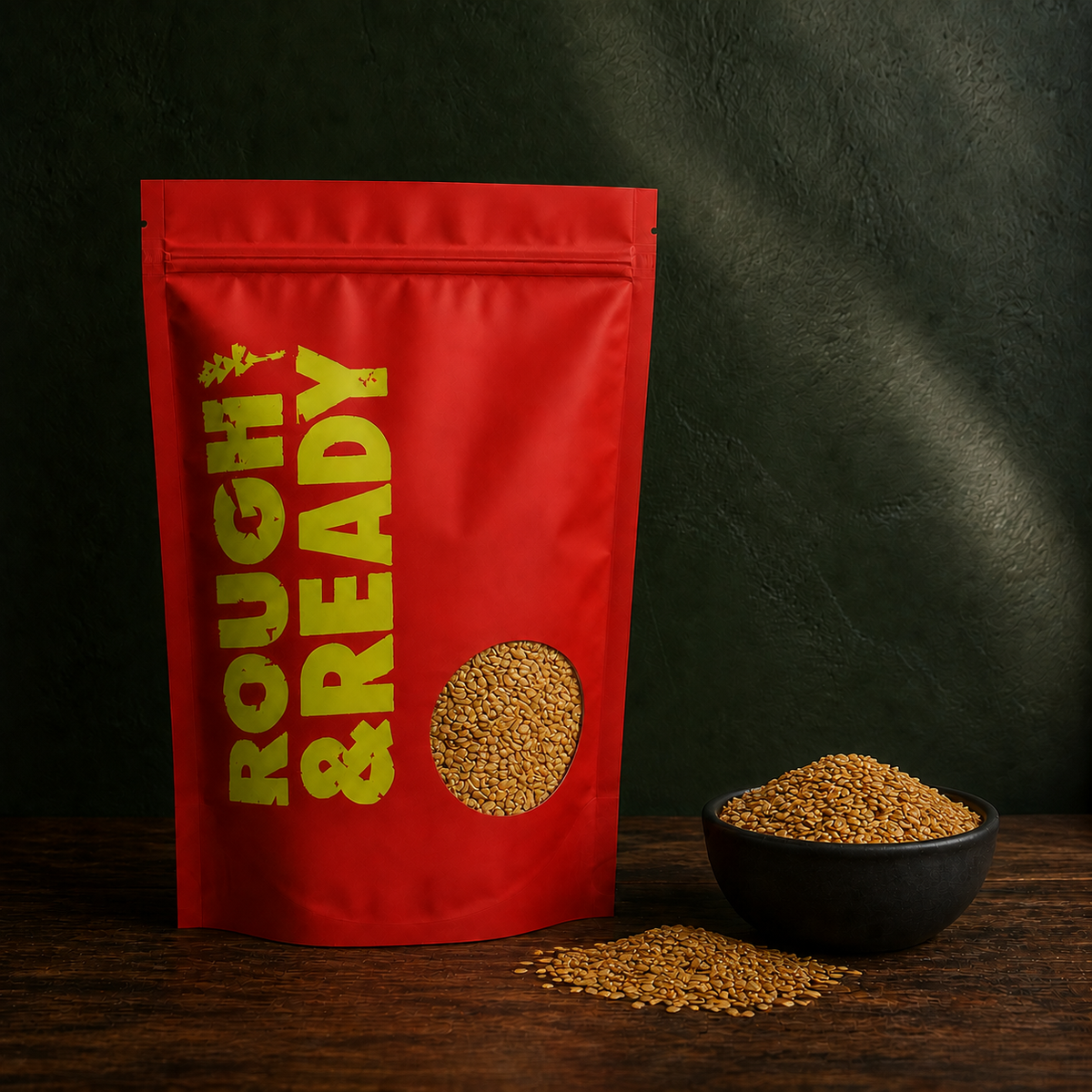 Organic golden flaxseed in Rough & Ready pouch