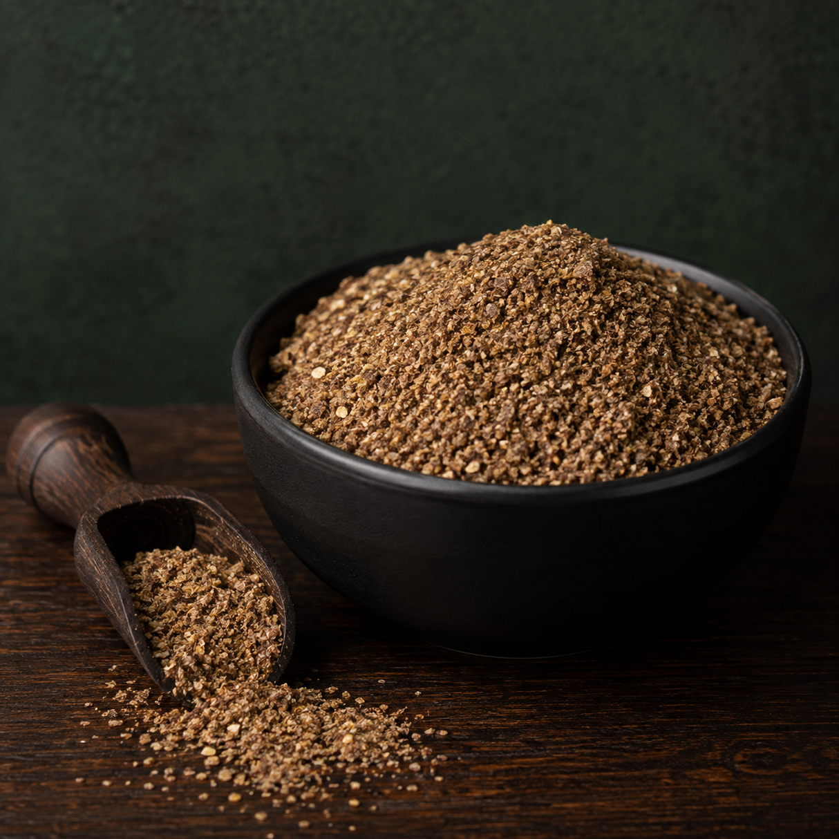 Organic ground brown flaxseed in a black bowl