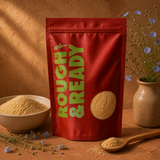 Rough and Ready Organic Ground Golden Flaxseed pouch and bowl