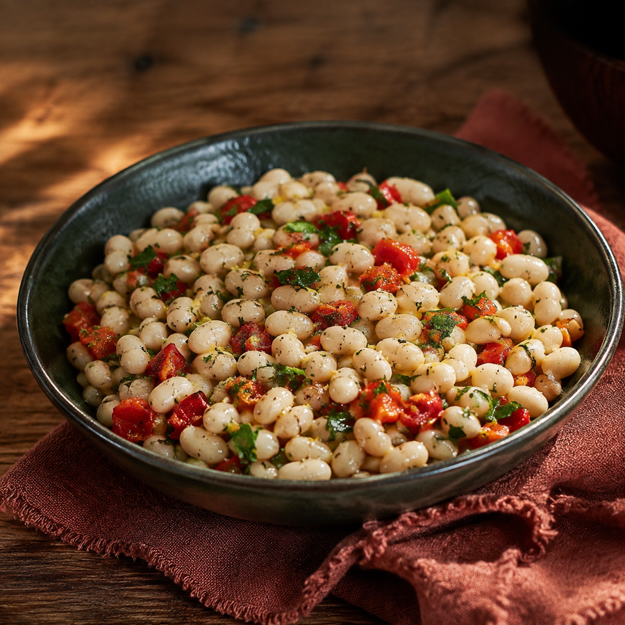 Organic haricot beans served in a rustic salad