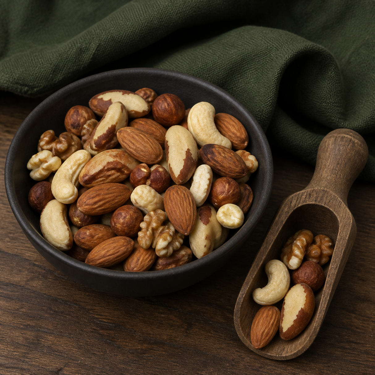 Organic mixed nuts in a dark bowl