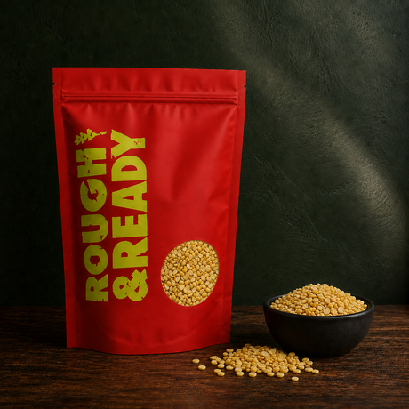 Organic mung dal in Rough & Ready pouch with bowl