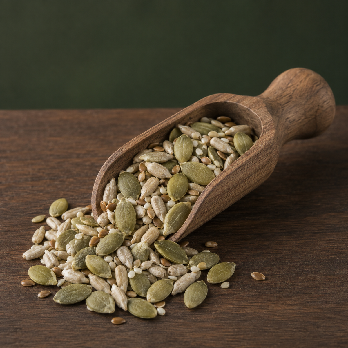 Organic Omega Four Seed Mix in a wooden scoop