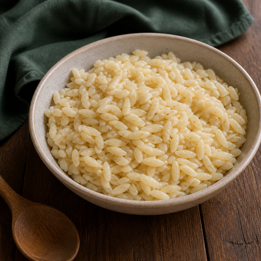 Cooked organic orzo pasta serving