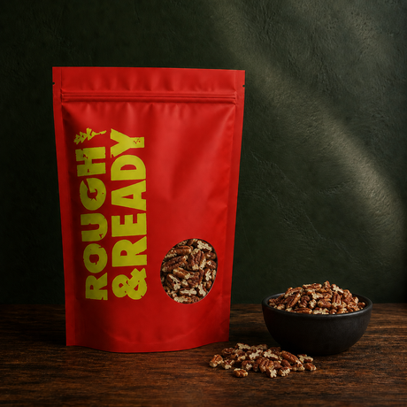Organic pecan pieces in Rough & Ready pouch with bowl