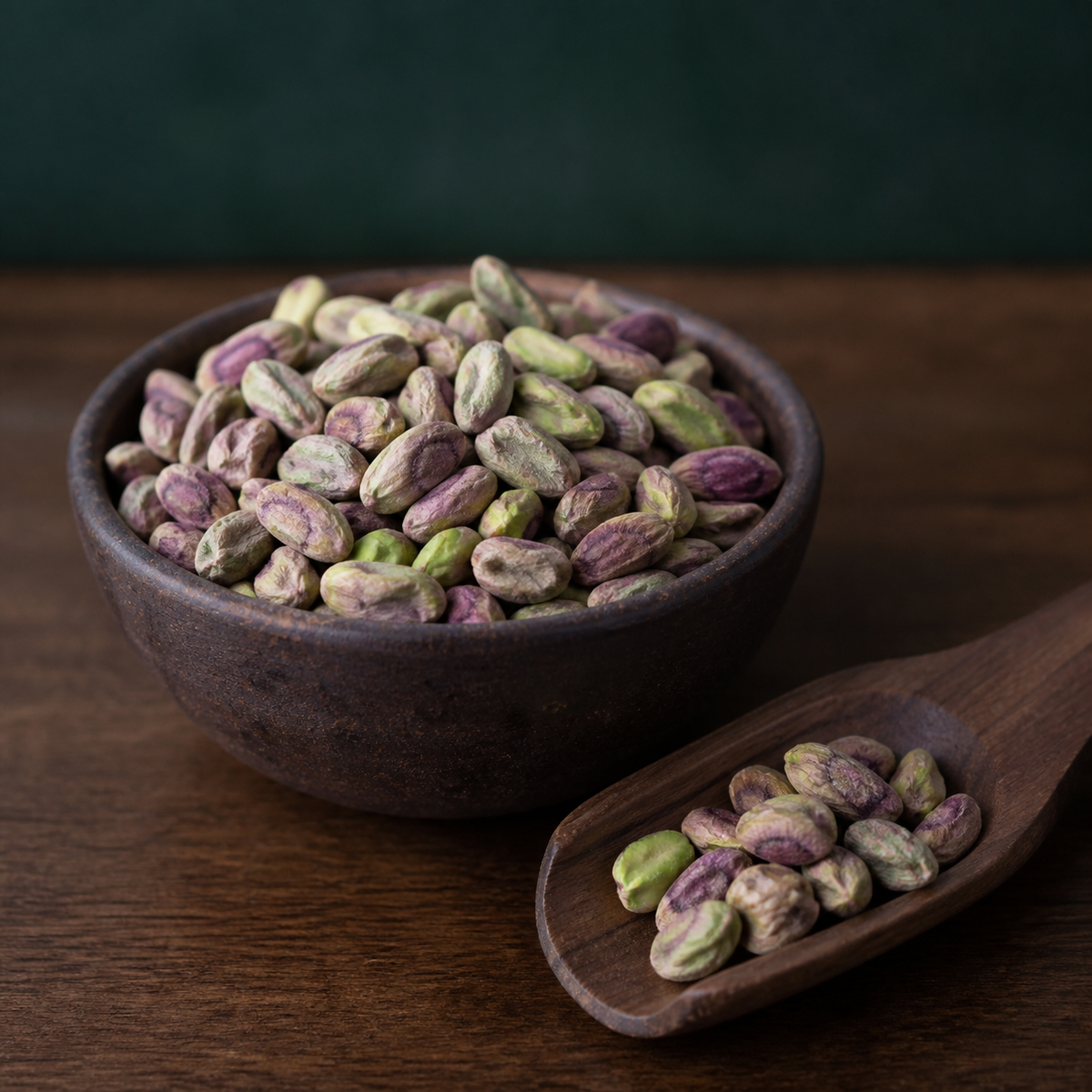 Organic pistachio kernels in a dark ceramic bowl and walnut scoop