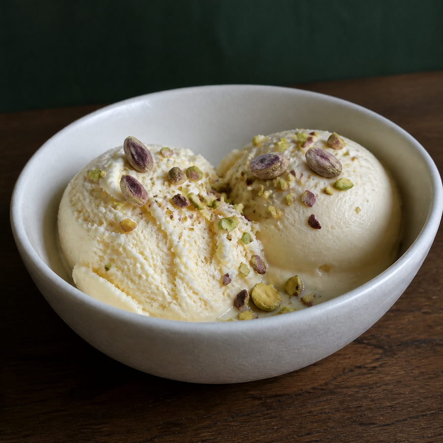 Organic pistachio kernels served with ice cream