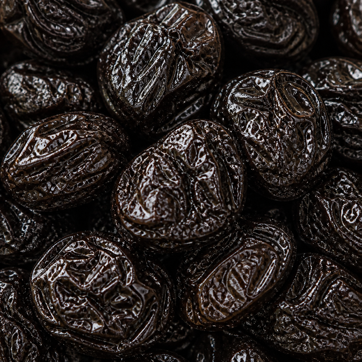 Extreme close-up of organic pitted prunes