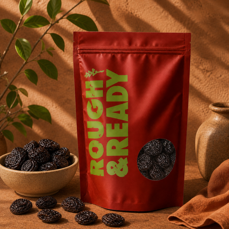 Rough and Ready Organic Pitted Prunes pouch and bowl