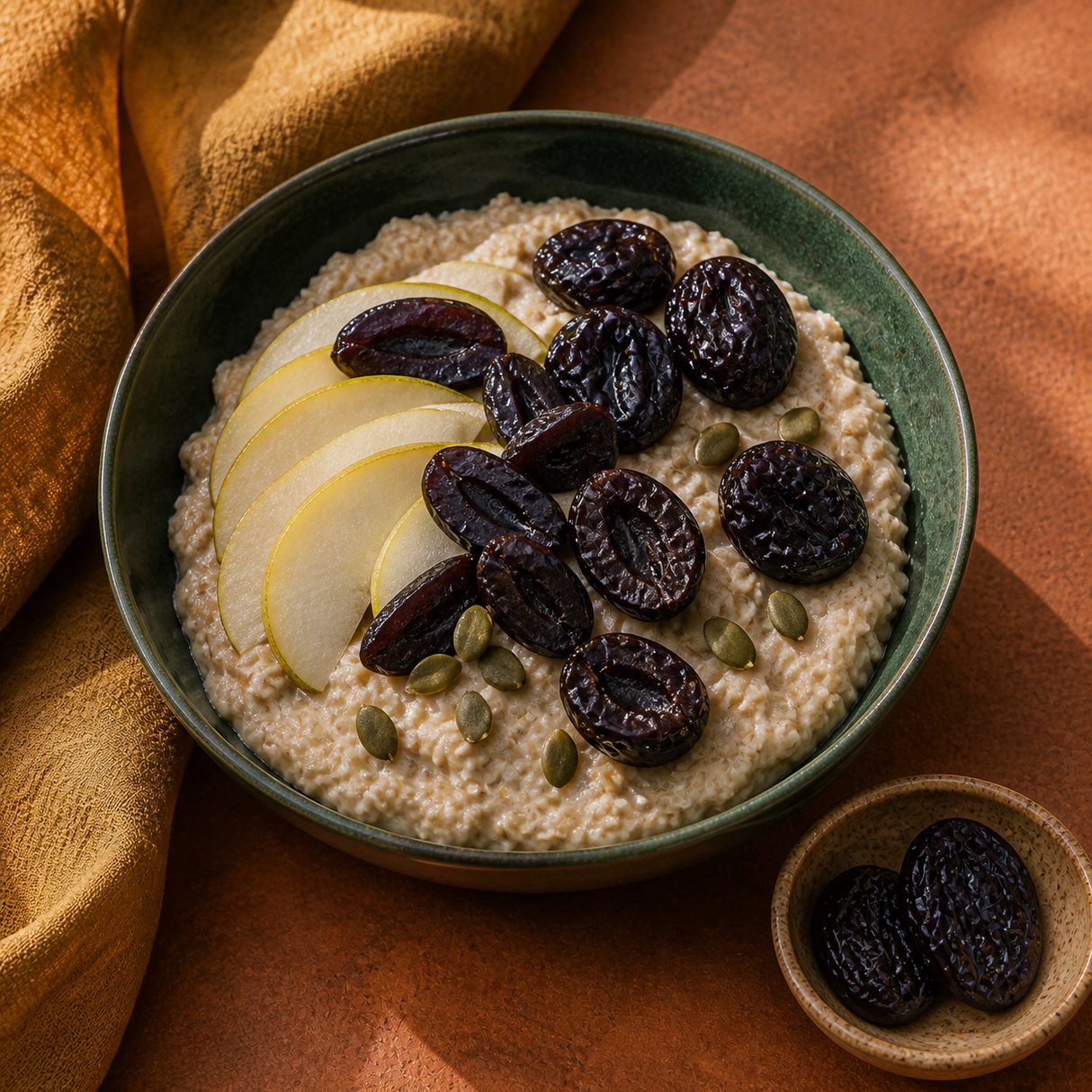 Organic Pitted Prunes served with porridge and pear