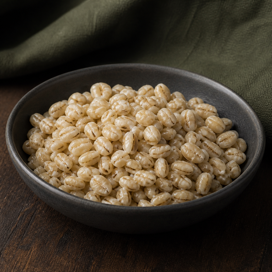 Cooked organic pot barley serving