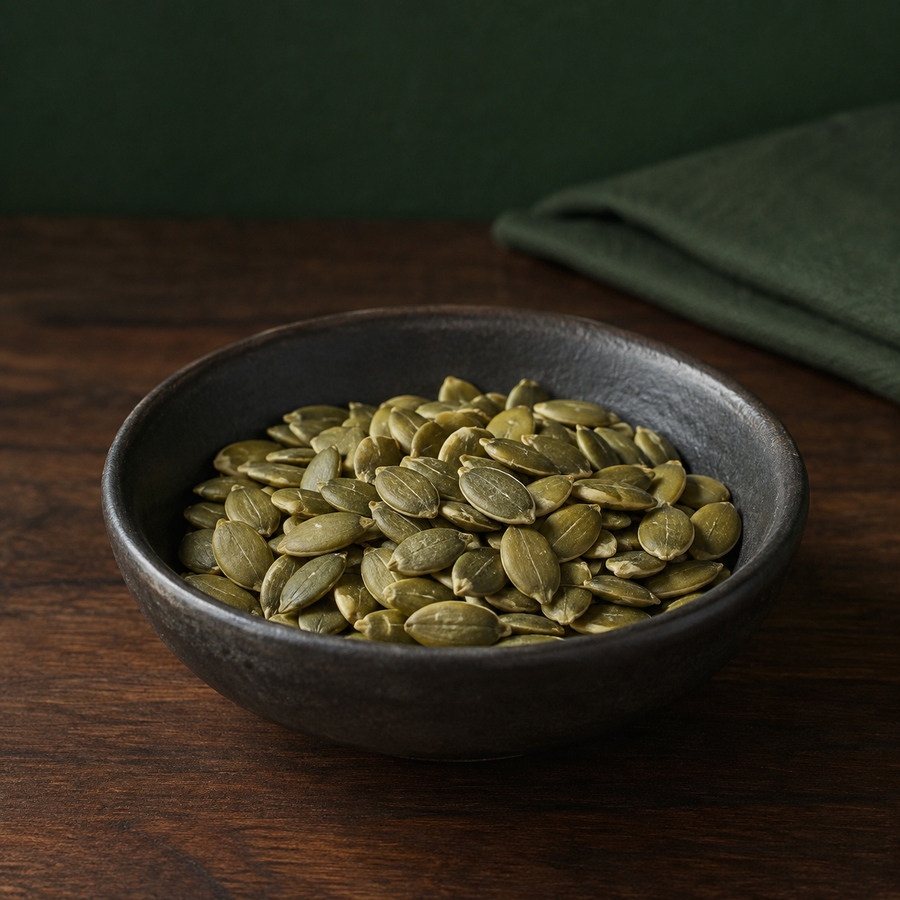 Organic pumpkin seeds in a dark ceramic bowl