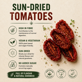 Organic sun-dried tomatoes information graphic showing high fibre, vegan, sun-dried and no added sugar details