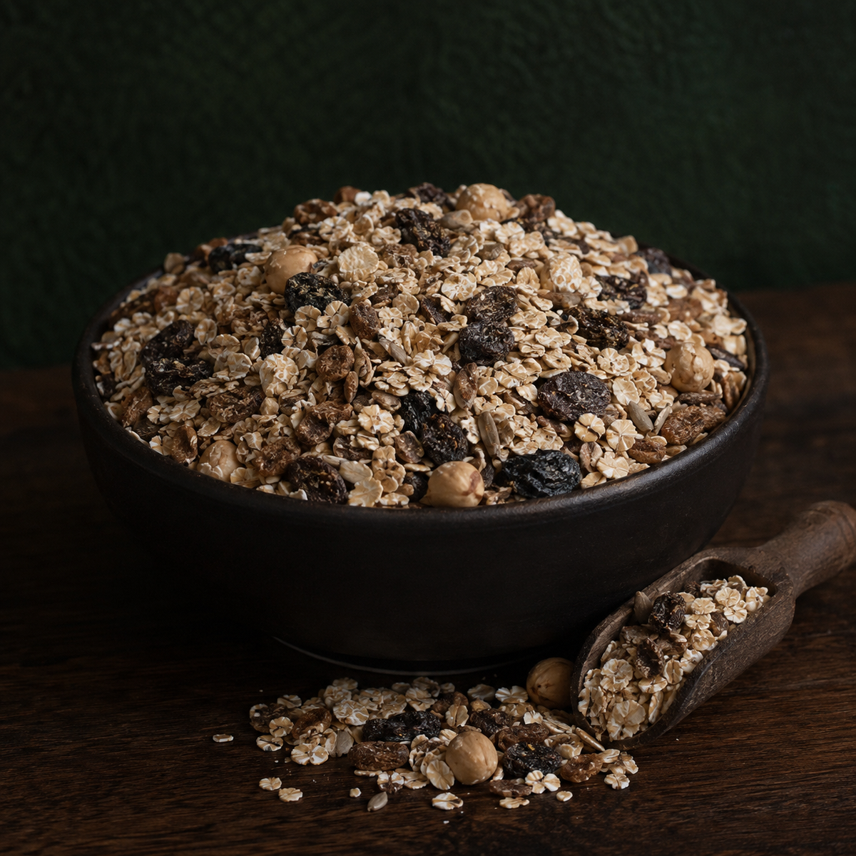 Organic super muesli in a black bowl with scoop