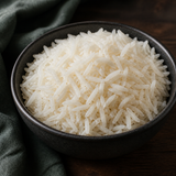 Cooked organic white basmati rice serving