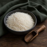 Organic white jasmine rice in a dark bowl