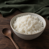 Cooked organic white jasmine rice serving