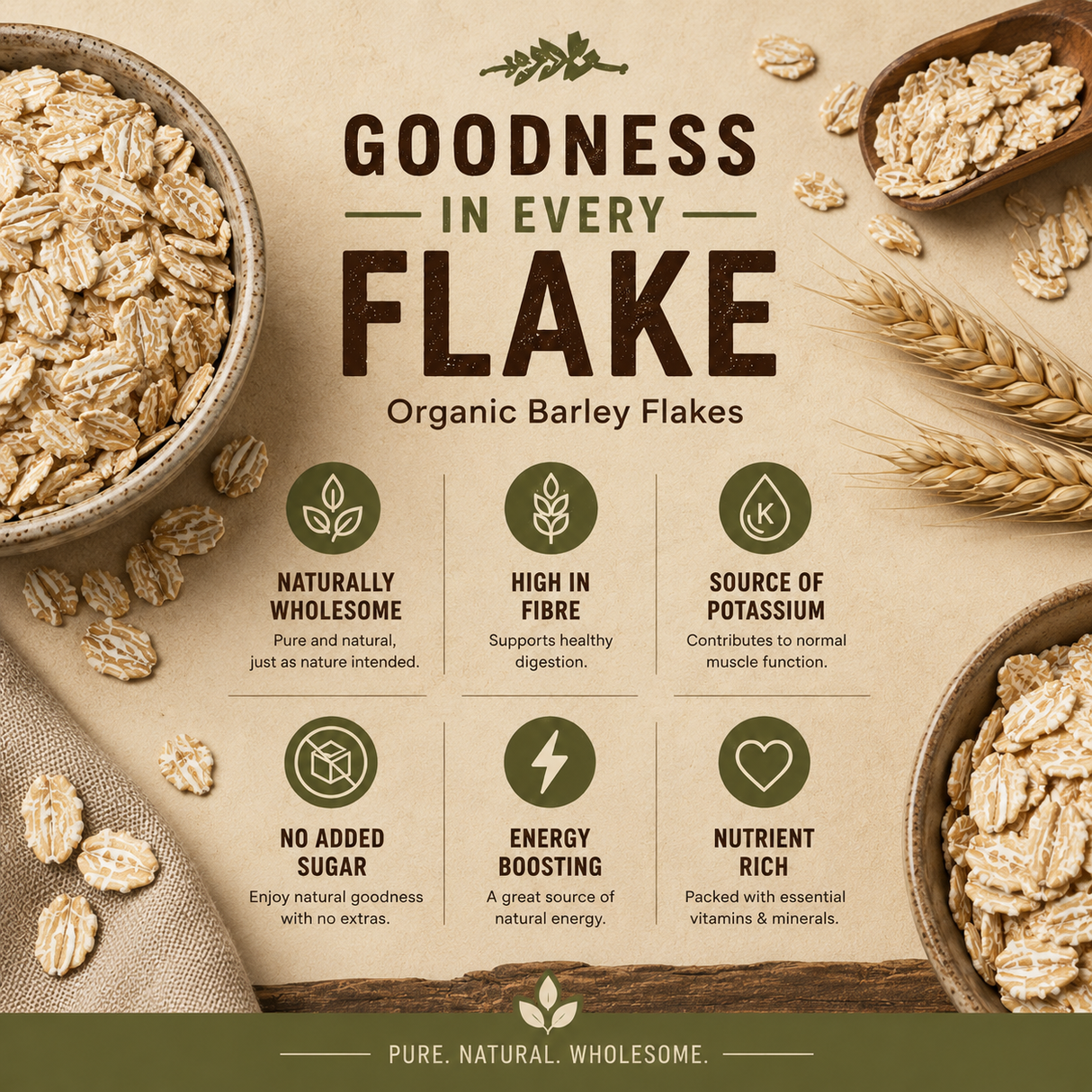 Advertisement for organic barley flakes with text and images of barley grains.