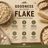 Advertisement for organic barley flakes with text and images of barley grains.
